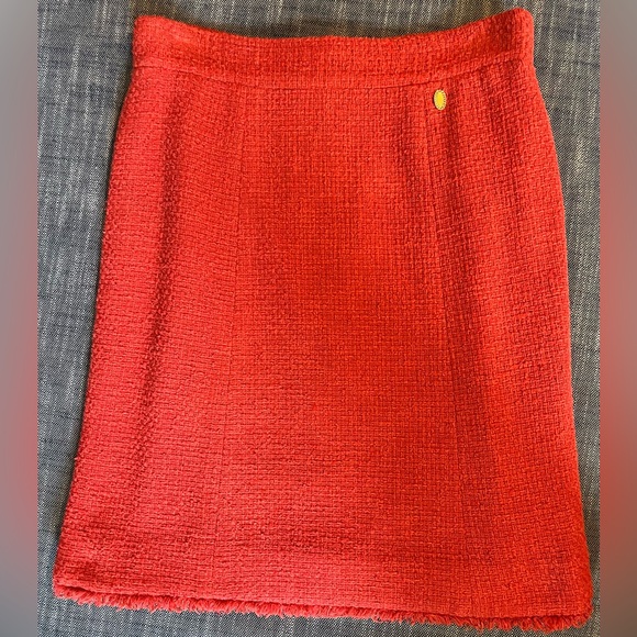 CHANEL Dresses & Skirts - CHANEL Orange Red Coral Vermillion Tweed Skirt Size 40 (8) Fringe- Gorgeous!!